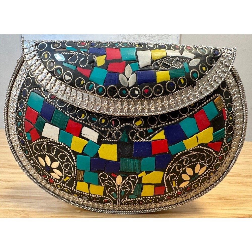 Handmade Clutch box Mosaic Metal Stone Ethnic Bridal Party Women Purse Sling bag